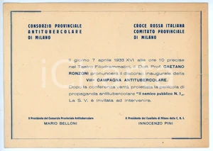 Oggetto da collezione cartaceo 1933 MILANO Consorzio antitubercolare CRI Discordo di Gaetano RONZONI Invito 1