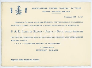 Oggetto da collezione cartaceo 1937 MILANO Marinai d Italia  Inaugurazione busto Luigi di SAVOIA AOSTA Invito 1