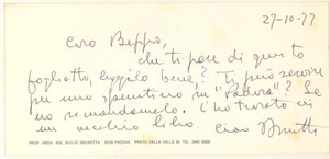 Autografo originale 1977 PADOVA Arch. Giulio BRUNETTA  Biglietto per uno spuntino Autografo 1