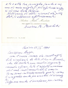Autografo originale 1991 PADOVA Biglietto prof. Andrea Mario MOSCHETTI ringraziamento AUTOGRAFO 1
