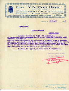 Documento originale, autentico 1925 SAVONA Frutta candita Vincenzo BESIO Lettera ordine di amarene e ciliegie 1