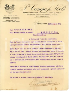 Documento originale, autentico 1923 SAVONA Frutta candita FRATELLI CANEPA Lettera per campione di noci fresche 1