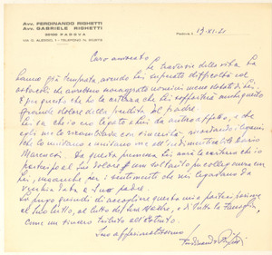 Autografo originale 1971 PADOVA Lettera avv. Ferdinando RIGHETTI  Condoglianze Autografo 1