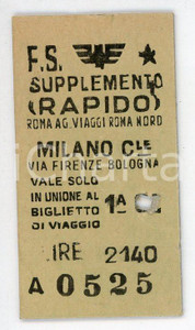 Oggetto da collezione cartaceo 1961 FERROVIE DELLO STATO Biglietto supplemento rapido MILANO CENTRALE  ROMA 1