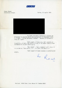 Documento originale, autentico 1979 TORINO  FIAT Cesare ROMITI Autografo su carta intestata  Lettera 21x29 cm 1