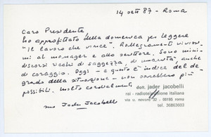 Documento originale, autentico 1987 ROMA  RAI Jader JACOBELLI Biglietto da visita con AUTOGRAFO 13x8 cm 1