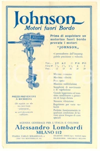 Materiale pubblicitario d’epoca 1950 ca NAUTICA  JOHNSON Motori fuori bordo  Volantino agenzia LOMBARDI 1