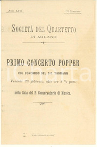 Materiale pubblicitario d’epoca 1890 MILANO Società del Quartetto  1° Concerto David POPPER  Programma 1