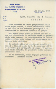 Documento originale, autentico 1957 PAVIA Via Breventano 9 Officina meccanica Palmiro MOSCONI Danni di guerra 1