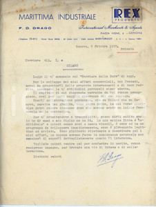 Documento originale, autentico 1957 GENOVA Piazza Vigne 6 F.D. DRAGO Marittima industriale REX PRODUCTS Lettera 1