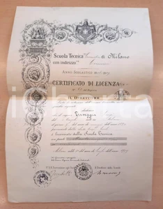 Oggetto da collezione cartaceo 1909 MILANO Scuola Tecnica Governativa  Certificato di licenza Luigi TAVEGGIA 1