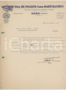 Documento originale, autentico 1952 MEDE Ditta Bartolomeo DE PAOLINI Produzione formaggi  Lettera commerciale 1
