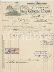 Documento originale, autentico 1921 TORINO Via Susa 10 Ferramenta Carlo ORSO Fattura per sega a nastro PEUGEOT 1