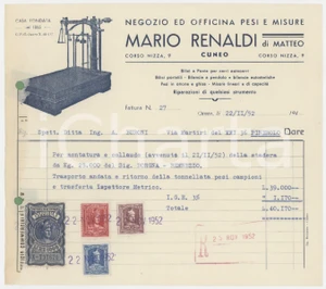 Documento originale, autentico 1952 CUNEO Corso Nizza 9 Bilance Mario RENALDI Fattura per collaudo stadera 1