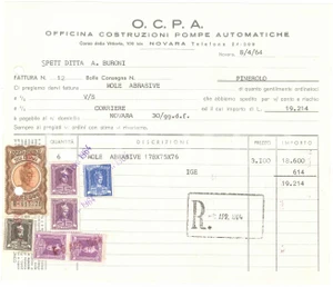Documento originale, autentico 1964 NOVARA Corso della Vittoria 109  OCPA Officina pompe automatiche  Fattura 1