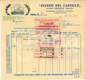 Documento originale, autentico 1963 DIANO CASTELLO Oliveti del castello di Emilio BOTTINO Fattura con ricevuta 1