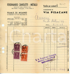 Documento originale, autentico 1948 MILANO Via Pisacane 59 Metalli Ferdinando ZANOLETTI Fattura 1