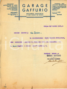 Documento originale, autentico 1937 MILANO Garage GAFFURIO di Riccardo COCCHETTI Lettera commerciale 1