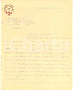 Autografo originale 1910 TRIESTE ASSICURAZIONI GENERALI Lettera Julius GRAF per congresso Autografo 1