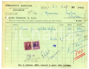 Documento originale, autentico 1949 GALLARATE Via Cavour 10 Ferramenta MARCORA Fattura lame per seghetto 1