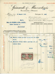 Documento originale, autentico 1929 MILANO Corso Roma 76 Cesare VILLANI Ferramenta SPINARDI MAZZOLENIS Fattura 1