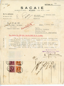 Documento originale, autentico 1949 MILANO Via Monte di Pietà 1 SACAIE Sanitari casalinghi Fattura con lettera 1