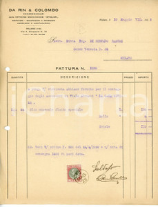 Documento originale, autentico 1929 MILANO Via A. Stoppani 15  DA RIN & COLOMBO Officine STIGLER Fattura 1