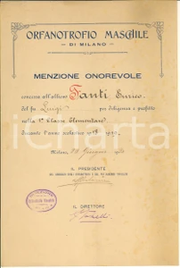 Documento originale, autentico 1920 MILANO Orfanotrofio Maschile  Attestato menzione alunno Enrico FANTI 1