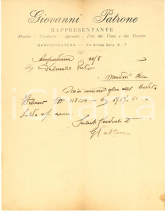 Documento originale, autentico 1923 GENOVA SAMPIEDARENA Via Doria  Giovanni PATRONE rappresentante Lettera 1