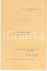 Documento originale, autentico 1940 ca BELLARIA Collegio BIANCONI MONZA  Programma e corredo bagni di mare 1