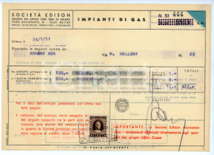Documento originale, autentico 1951 MILANO Foro Buonaparte 31 Società EDISON Ricevuta 21x15 cm 1