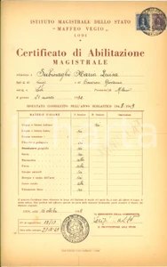Oggetto da collezione cartaceo 1949 LODI Ist. Magistrale MAFFEO VEGIO  Certificato abilitazione magistrale 1