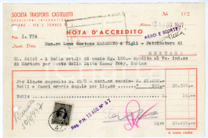 Documento originale, autentico 1947 MILANO Via S. Tomaso 3 Società Trasporti CASTELLETTI Nota d accredito 1