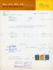 Documento originale, autentico 1966 MILANO Viale Monte Nero 51 Società GE.ME.AZ. di Cusin e Calzavara Fattura 1
