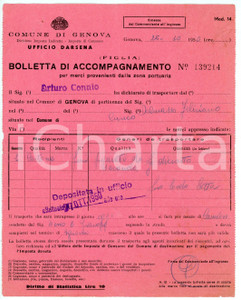 Documento originale, autentico 1950 PORTO DI GENOVA Ufficio Darsena  Bolletta accompagnamento merci 1 1