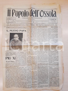 Giornale, rivista storica 1922 IL POPOLO DELL OSSOLA Il nuovo papa Pio XI  Ferrovia per Locarno Giornale 1