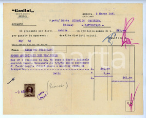 Documento originale, autentico 1951 GENOVA Società Anonima GASLINI Fattura per spese di facchinaggio 1
