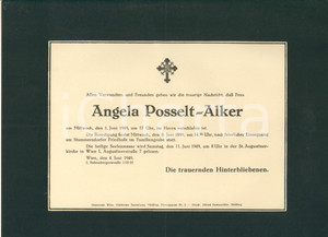 Documento originale, autentico 1949 WIEN / AUSTRIA Manifestino lutto per Angela POSSELTALKER 1