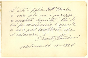 Autografo originale 1926 MODENA Ermete ZACCONI attore L Arte è figlia dell Ideale  AUTOGRAFO 1
