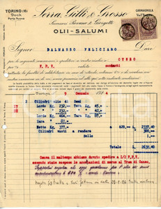 Documento originale, autentico 1924 TORINO Dock Porta Nuova SERRA, GILLI E GROSSO Olii e salumi  Fattura 1 1