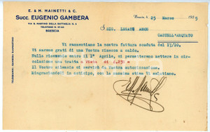 Documento originale, autentico 1935 BRESCIA Via S. Martino della Battaglia 5 Eugenio GAMBERA Lettera 1