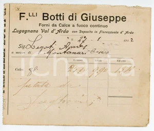 Documento originale, autentico 1912 LUGAGNANO D ARDA PC Fratelli BOTTI di Giuseppe  Forni da calce Bolla 1