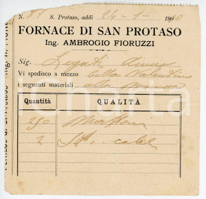 Documento originale, autentico 1910 PIACENZA Fornace di SAN PROTASO Ing. Ambrogio FIORUZZI Bolla spedizione 1