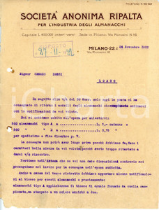 Documento originale, autentico 1922 MILANO Via Morosini 22 Società RIPALTA Lettera produzione almanacchi 1