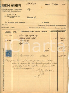 Documento originale, autentico 1925 PAVIA Via dei Mille 39 Giuseppe UBICINI Ferro, ghisa e rottami  Fattura 1