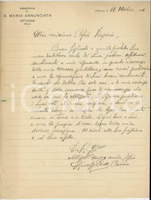 1931 VITTUONE (MI) Parrocchia S. Maria Annunciata - Lettera don Giuseppe PORETTI  Lettera autografa, su carta intestata.PAGINE: 1 POOR/danneggiato piegature d'epoca e gualciture; piccoli strappi marginali  originale e autentica 1