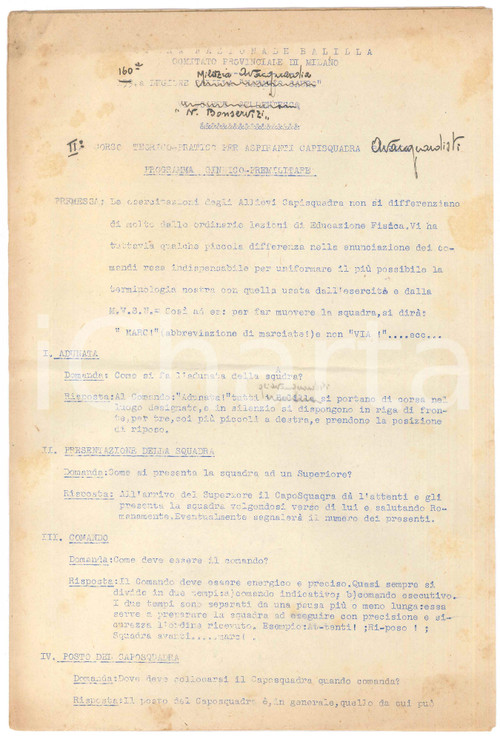 1930 ONB MILANO Corso capisquadra avanguardisti - Programma ginnico-premilitare
