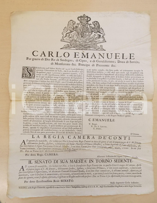1734 TORINO Editto su alienazione dei tassi e versamento all'Erario - Manifesto Manifesto del Regno di Sardegna, emanato sotto il regno di Carlo Emanuele III di Savoia.CONDIZIONI: FAIR (piegature d'epoca e gualciture marginali)FORMATO: 30x40 cm      originale e autentica 1