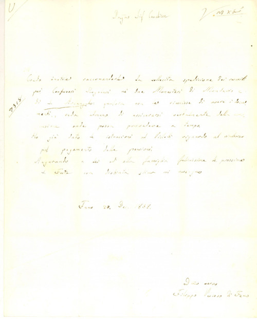 1858 FANO Mons. Filippo VESPASIANI sollecita documenti per confessori *AUTOGRAFO