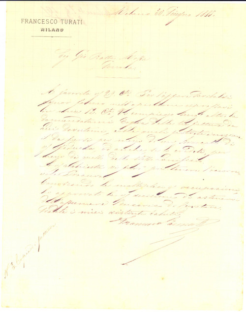 1885 MILANO Lettera Francesco TURATI per l'affare Garibaldi - AUTOGRAFO